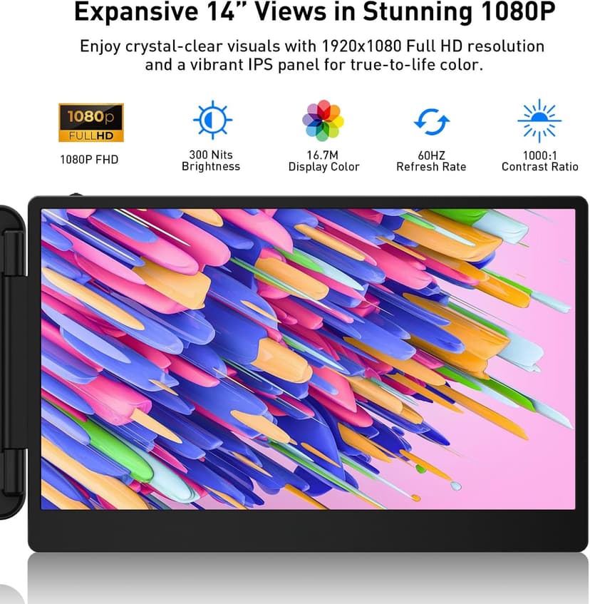 Laptop Screen Extender – 14" Portable Monitor for Laptop, Full HD 1080P IPS Display, USB-C & HDMI, Dual Speakers, 72% Color Gamut, for Work, Travel, Gaming