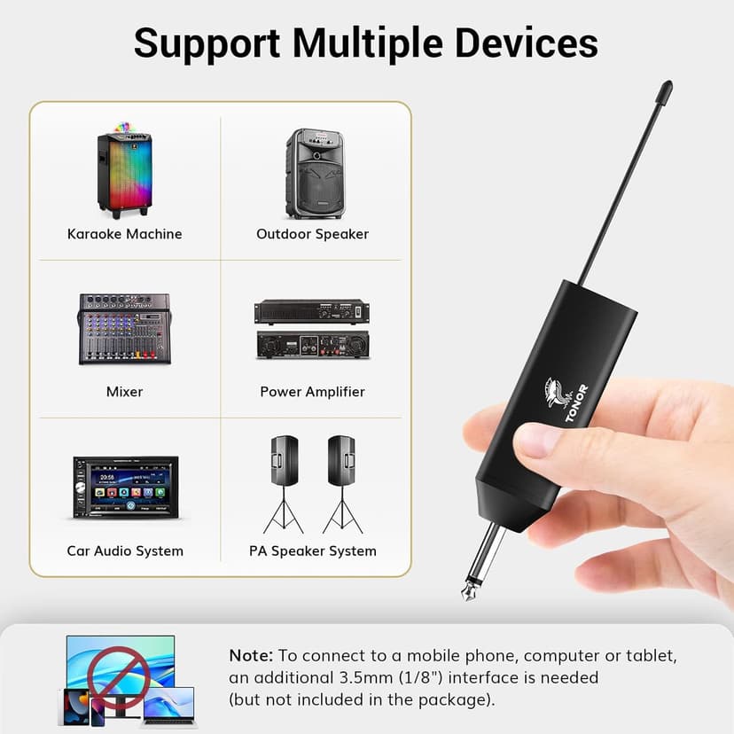 TONOR UHF Wireless Microphone System with Dual Headset Microphones/Lavalier Lapel Mics, Bodypack Transmitters, Mini Rechargeable Receiver, 2x15 Channels 200ft Range, for Recording Speech PA Speaker
