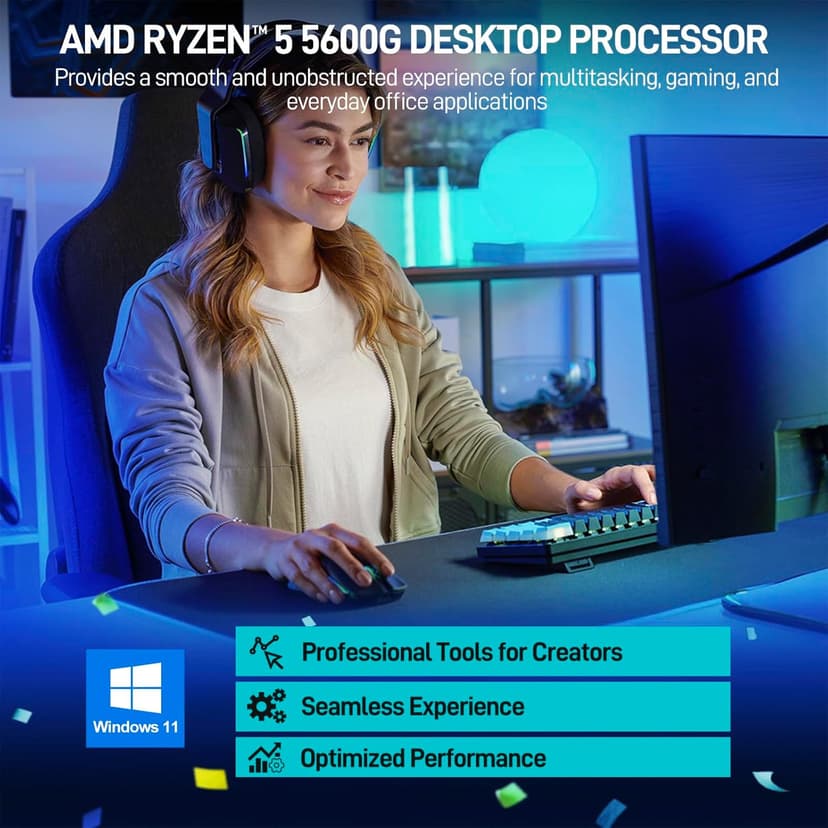 LXZ Desktop PC Computer AMD Ryzen 5 5600GT 6 core 3.9GHz, 16G DDR4 RAM, 512G NVME SSD, Tower Computer for Home and Office (Black)