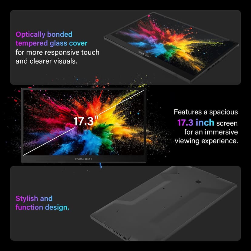 17.3'' 4K Portable Touchscreen Monitor, UHD 500Nits 100% AdobeRGB IPS HDR Travel Display, USB, Type-C & HDMI, Dual Speakers, VESA & Smart Cover - for Laptop PC Phone PS4/5 Xbox etc.