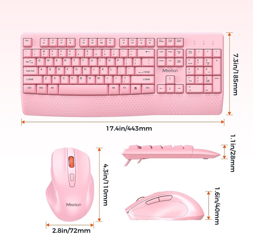 MEETION Wireless Keyboard and Mouse, Full-Sized Cordless Keyboard with Wrist Rest and 3 DPI Adjustable Mouse, 2.4G Wireless, Compatible with PC/Computer/Laptop/Windows/Mac, Pink
