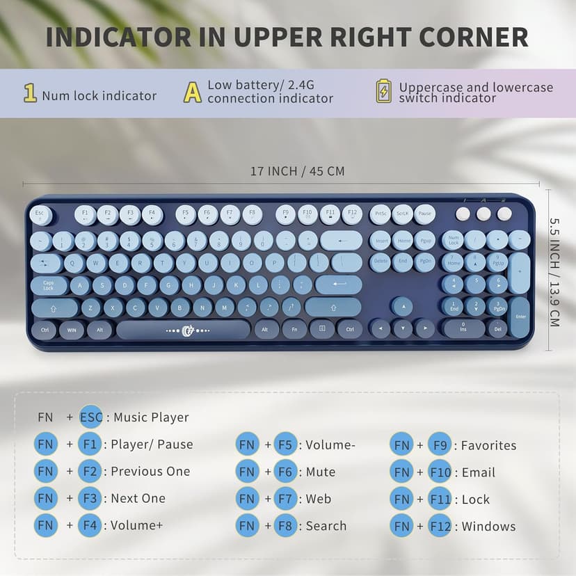 Wireless Keyboard Mouse Combo,104 Round Keys Cute Colorful Keyboard with Retro Typewriter Style,Letton Full Size Keyboard with Number Pad&Mouse with 3 DPI for PC Mac Laptop Computer Windows-Blue