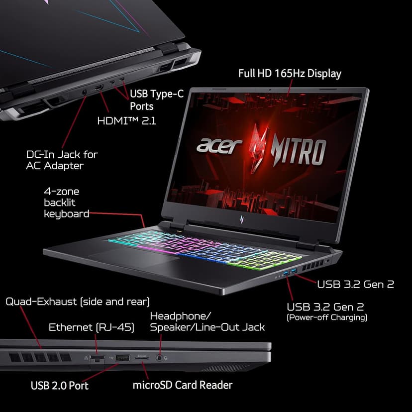 Acer Nitro 17 Gaming Laptop AMD Ryzen 7 7840HS Octa-Core CPU 17.3" FHD 165Hz IPS Display NVIDIA GeForce RTX 4050 16GB DDR5 1TB SSD Wi-Fi 6E RGB Backlit KB AN17-41-R6L9