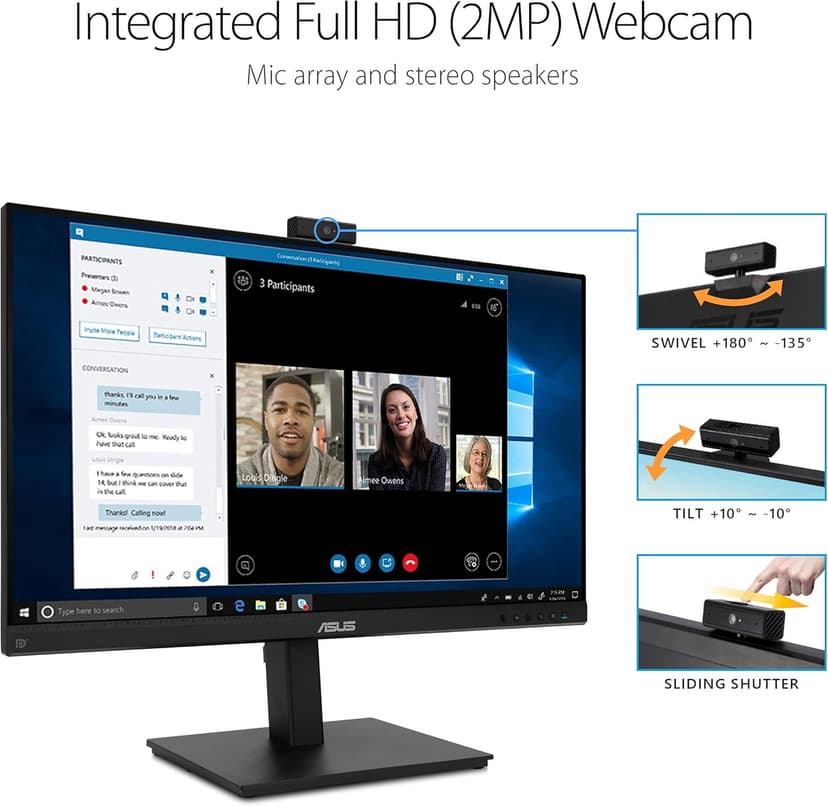 ASUS 27” 1080P Video Conference Monitor (BE279QSK) - Full HD, IPS, Built-in Adjustable 2MP Webcam, Mic Array, Speakers, Eye Care, Wall Mountable, Frameless, HDMI, DisplayPort, VGA, Height Adjustable