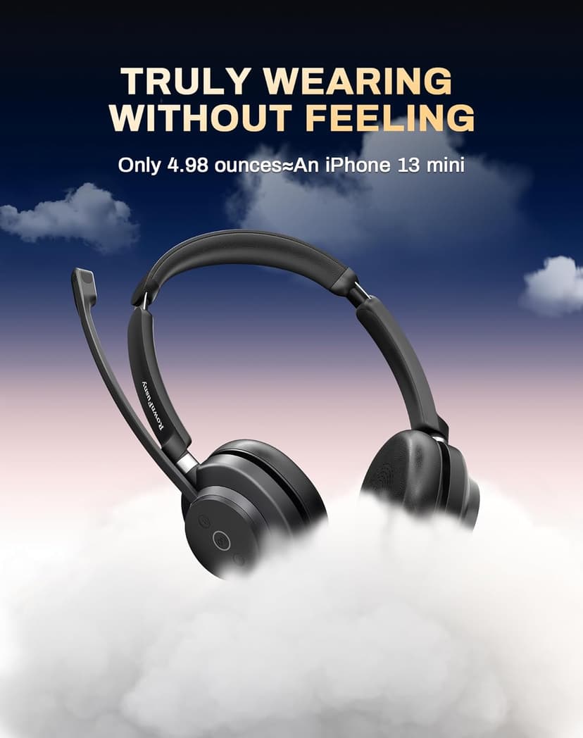 Bluetooth Wireless Headset with Mic for Work, Bluetooth 5.3, Advanced Noise Reduction Microphone, Clear Calls - Comfortable Over-Ear Headphones for PC, Laptop, iPhone, Android, Zoom, Office