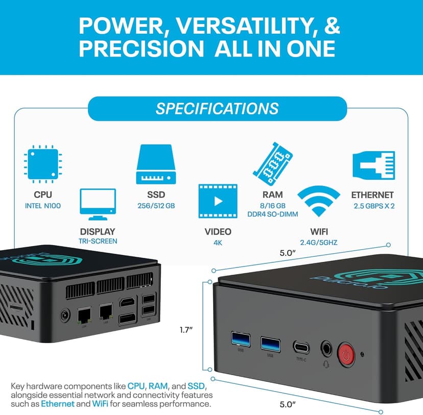 No OS | Pulcro TK Two Mini PC | N100 CPU, 16GB DDR4 RAM, 256GB M2 SSD, 4K HDMI+DisplayPort+USB Support, 4X USB, 2.5Gbps Ethernet, WiFi, BT