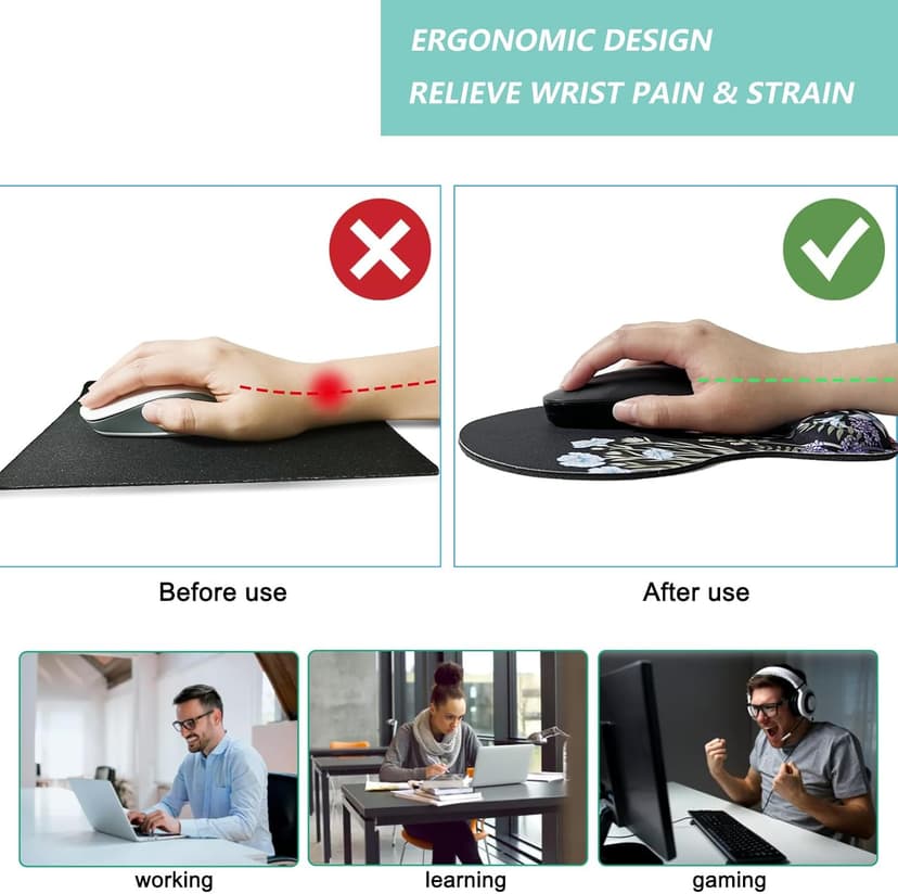 Mouse Pad with Wrist Support, Ergonomic Mouse Pads with Memory Foam Wrist Rest, Easy Typing Pain Relief, Comfortable Home Office Computer Wrist Support Pads for Working Studying Gaming, Flowers-01