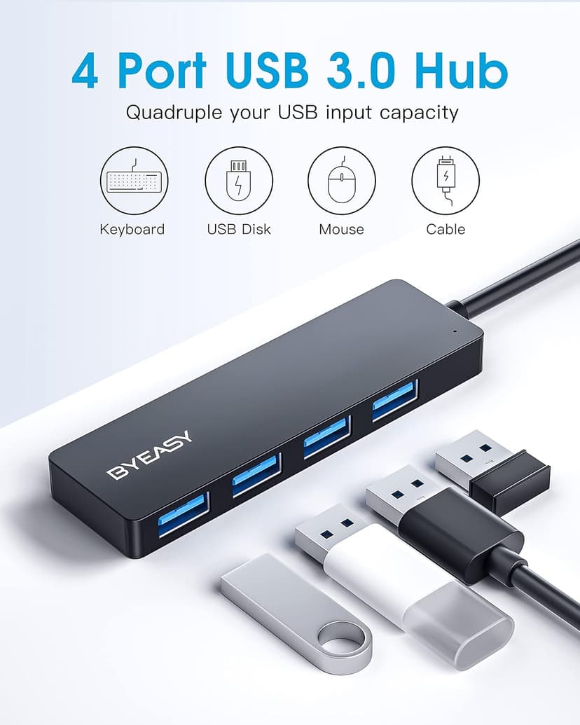 BYEASY USB Hub, Multiple USB 3.0 Hub, USBA Splitter for Laptop with Type C Power Port, Extender for Mouse, Keyboard, Flash Drive, U Disk, Printer Compatible with A Port Laptop, PC, Desktop and More