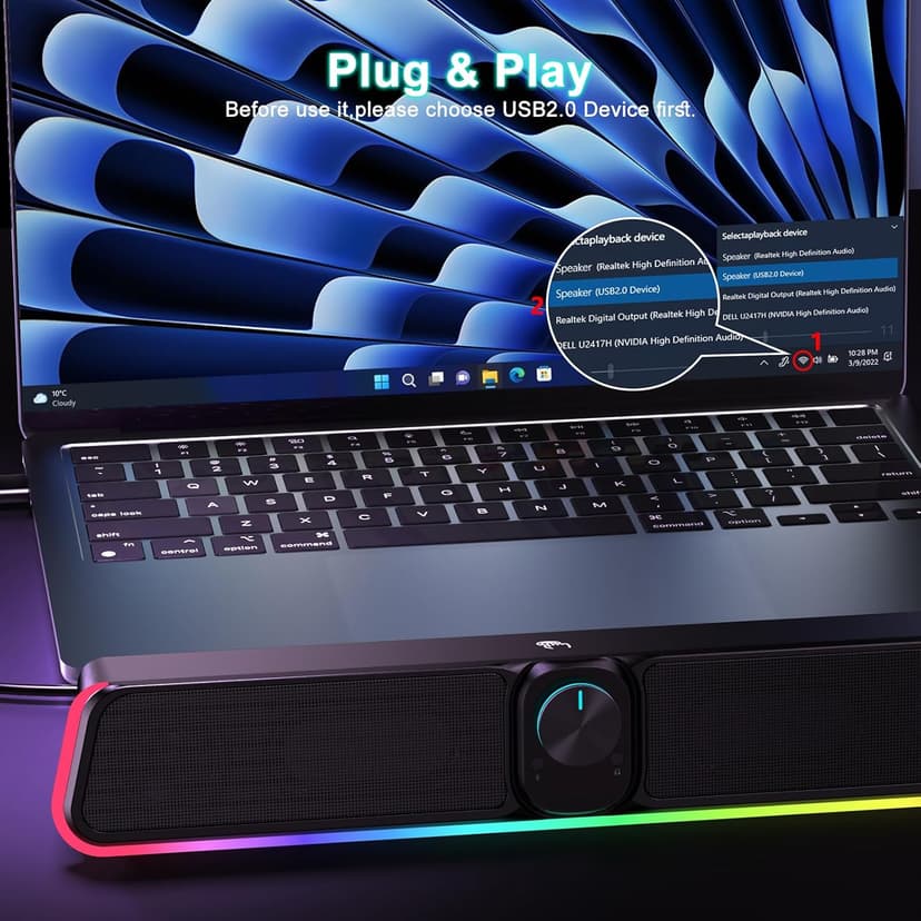 Computer Speakers - Wired USB Powered Bluetooth Computer Sound Bar with RGB & Volume Knob, HiFi Stereo Portable Gaming Sound Bar Speaker for Desktop Monitor, PC, Laptop, Tablets, Mac Air/Pro
