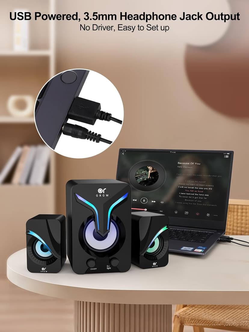 OROW Computer Speakers,Mini PC Speakers with Subwoofer,2.1 Desktop Speaker with RGB Lights,USB Powered, Stereo Sound,Gaming Speakerwith 3.5mm Aux Cable for Monitor/Laptop/Tablet(S212)