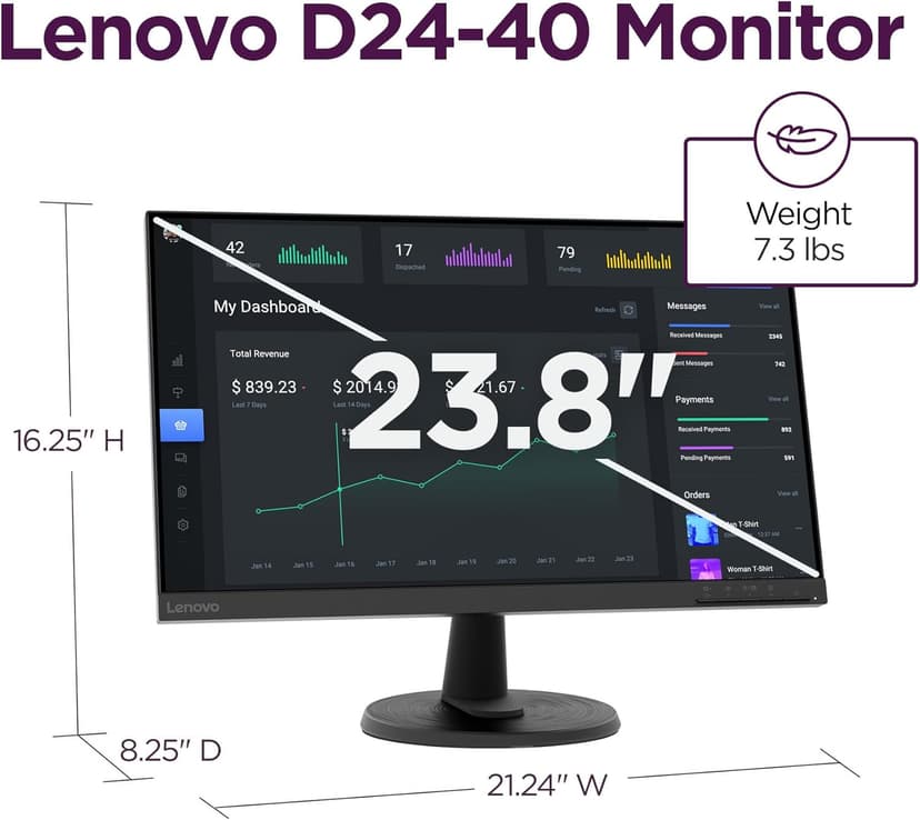 Lenovo D24-40 Monitor, 23.8" FHD Display, Tilt Stand, HDMI and VGA Ports, 75Hz Refresh Rate, AMD FreeSync, 250 nits, Raven Black