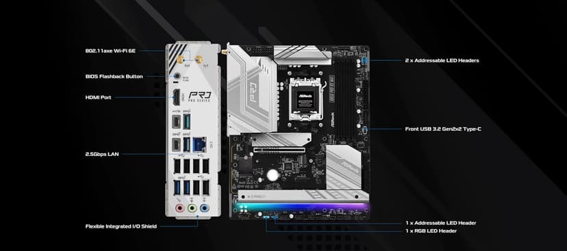 ASRock AMD B850 Pro RS WiFi 6E Socket AM5 Ryzen 9000/8000/7000 Series DDR5 up to 8000+ (OC) MHz 256GB ATX Motherboard M.2 SATA3 6.0 Gb/s PCIe 5.0 BIOS Flashback 2.5G LAN