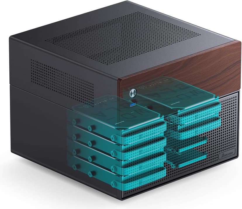 JONSBO N4 Black NAS Pc Case, Walnut Wood, 8-Drive Bay/6 * 3.5 "HDD (4 hot-swap,2 Non hot-swap),2 * 2.5SSD,Micro ATX Chassis, USB3.2Gen2Type-C, 1x120mm Fan Built-in, Black