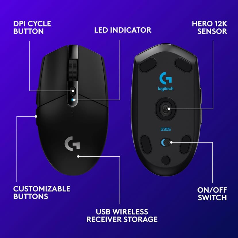 Logitech G305 LIGHTSPEED Wireless Gaming Mouse, Hero 12K Sensor, 12,000 DPI, Lightweight, 6 Programmable Buttons, 250h Battery Life, On-Board Memory, PC/Mac - Black