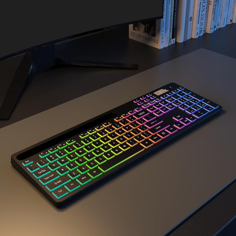 Wireless Keyboard with 7-Color RGB Backlit, Full-Size Computer Keyboard with Phone Tablet Holder, 2.4G Rechargeable Gaming Keyboard with Light Up Keys, Compatible with Mac, Windows (Black)