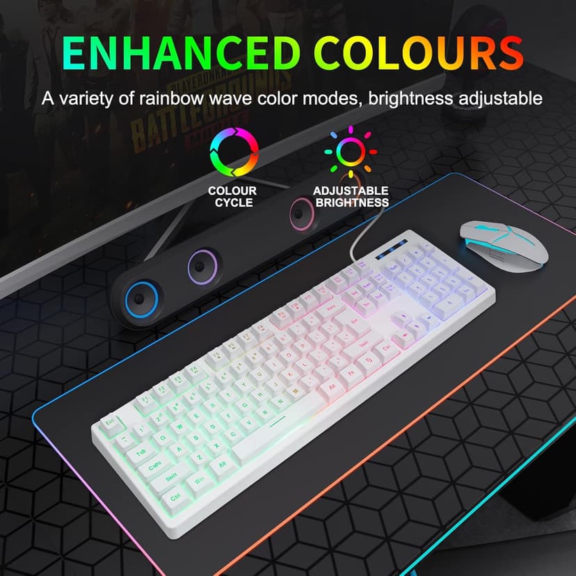 HUO JI White Gaming Keyboard USB Wired with Rainbow LED Backlit, Floating Keys, Mechanical Feeling, Spill Resistant, Ergonomic for Xbox, PS Series, Desktop, Computer, PC