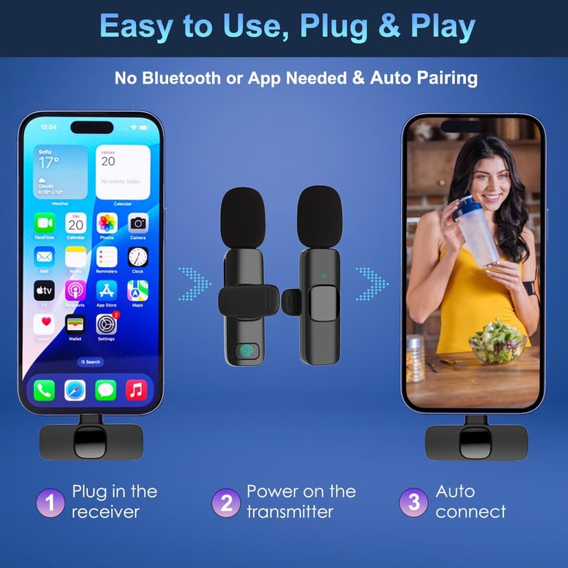 Wireless Lavalier Microphone for iPhone, iPad and Android Devices, Noise Cancelling,Bluetooth Mini Lapel Microphone for YouTube/Vlogging/Live Streaming/Tiktok/Interview