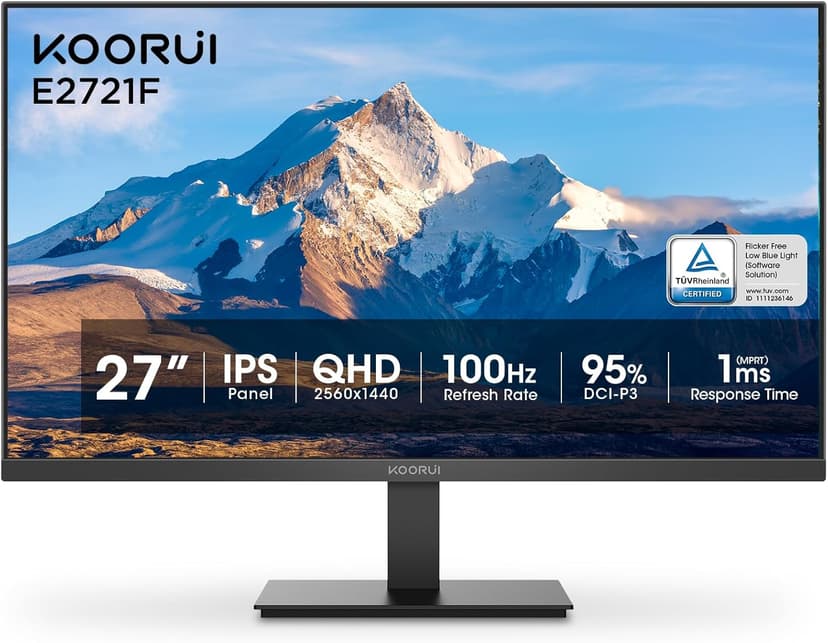 KOORUI 27 Inch QHD (2560x1440) IPS Ultra-Thin Computer Gaming Monitor, 100Hz Refresh Rate, DCI-P3 95%, FreeSync & G-Sync, 1ms MPRT, HDR10, VESA 100x100mm, Tilt Adjustable for Game and Work