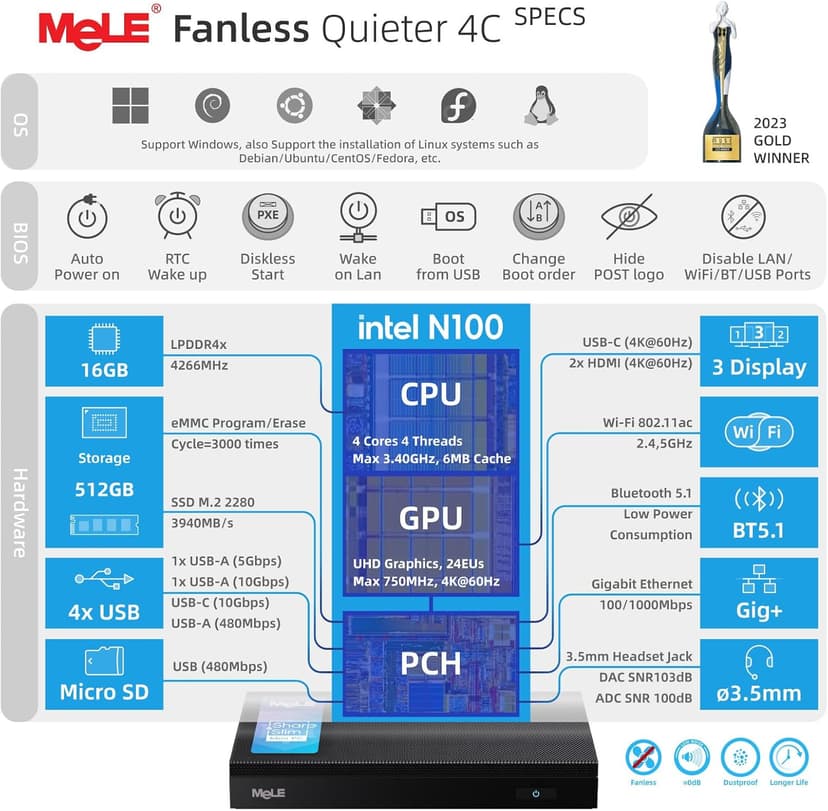 MeLE Mini PC Quieter 4C - 12th Gen N100, Fanless PC, 16GB Memory, 512GB Storage,with Windows 11 Pro, 2.4/5G Wi-Fi, Full-Functional USB-C, 4K Triple Display Desktop