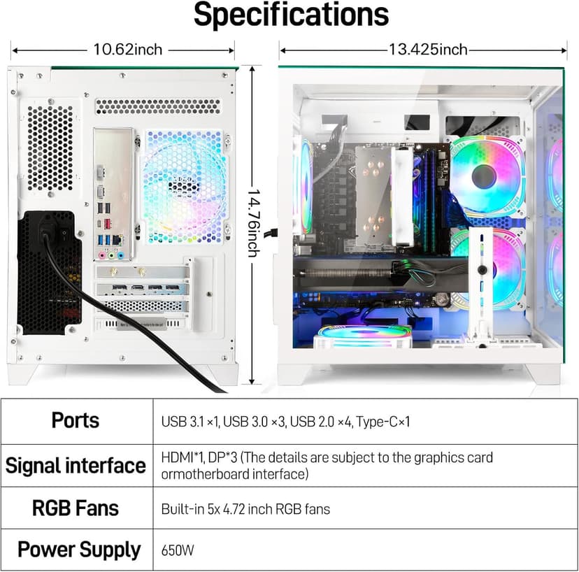 LXZ Gaming PC Desktop AMD Ryzen 7 8700F | AMD Radeon RX 7650GRE 8GB | 32GB DDR5 RAM | 1TB SSD | High-End Tower Computer(White)