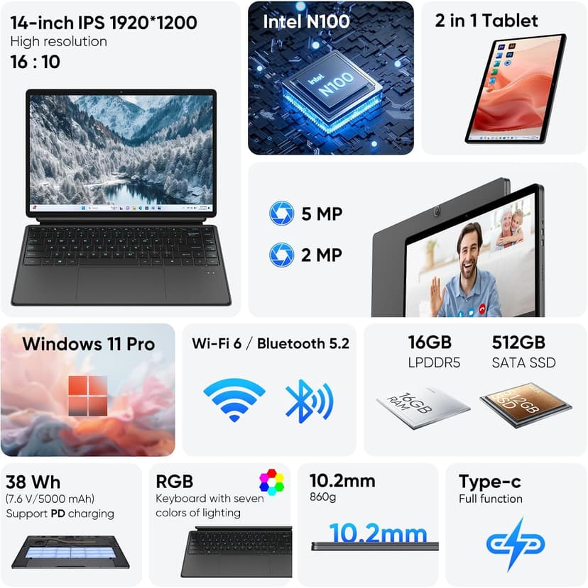 EYY 2 in 1 Laptop/Tablet Computer, Intel N100 (UP to 3.40GHz), 16GB LPDDR5 512GB SSD Windows 11 Laptop, 14" 1920*1200 Resolution 16:10 Touchscreen, Wifi 6, BT5.2, HDMI, Backlit Keyboard, Dual Camera