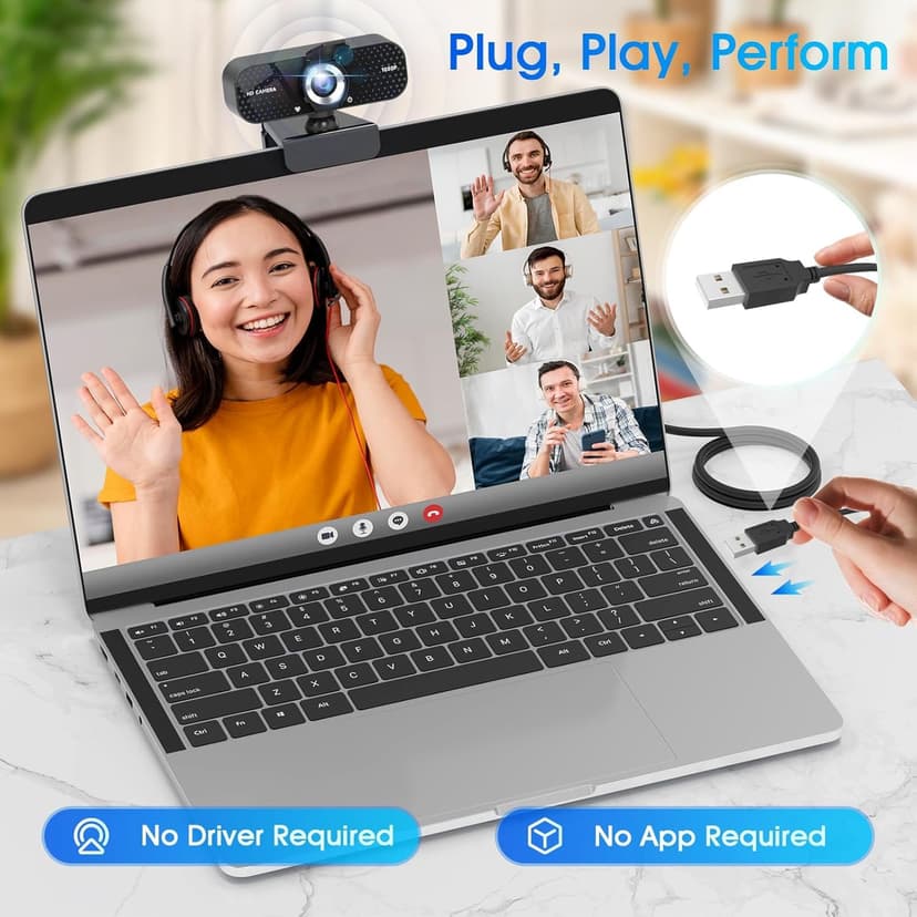 1080P HD Webcam with Microphone, Noise Cancellation, Privacy Cover, Wide-Angle Lens, Auto Light Correction, Plug & Play USB Webcam for Laptop, Desktop, PC, Mac, Zoom, Skype, Streaming Black