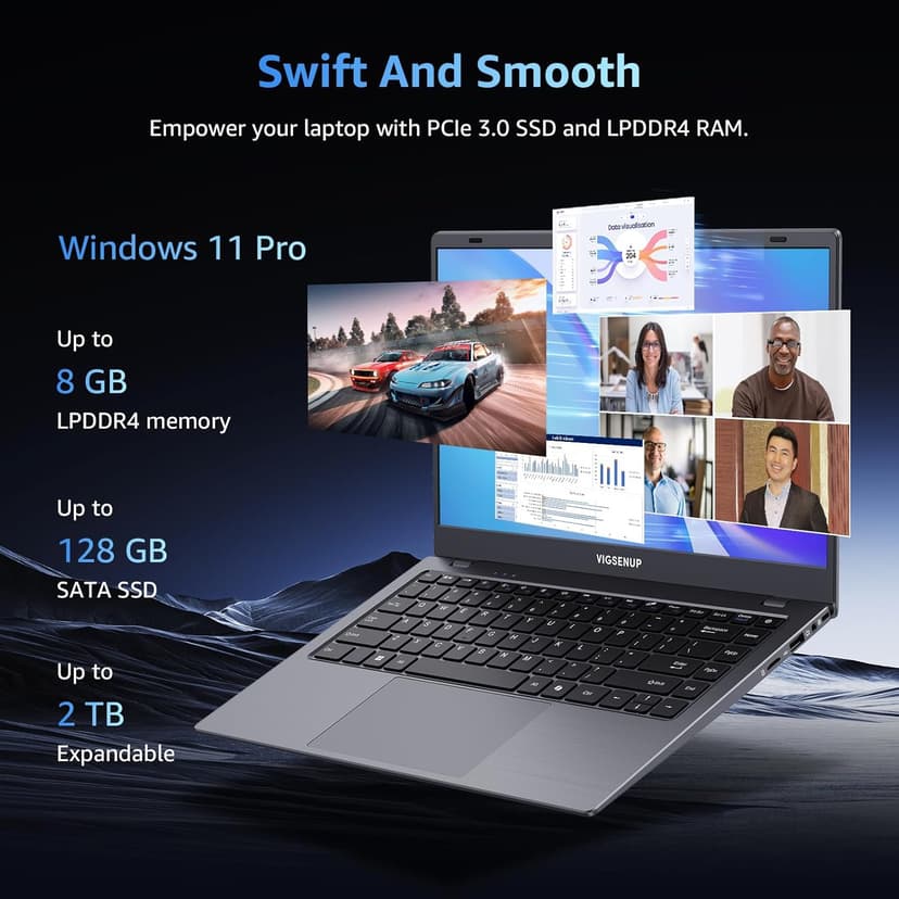Laptop with MS Office Pro Plus 2024, 14 inch HD Display Laptop Computer, Quad-Core N5095 Up to 2.9 GHz, 8GB RAM 128GB SSD Laptops, 2.4G/5G WiFi, BT 5.0, USB 3.0, Webcam, Long Battery Life