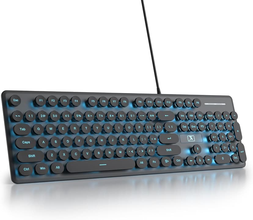 Wired Quiet Membrane Keyboard,Full Size 104-Keys Retro Punk Typewriter Blue LED Backlit ，USB Ultra Slim Gaming Keyboard with ABS Round keycaps for Windows/PC/Laptop (Black)