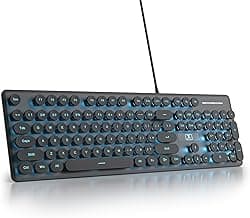 Wired Quiet Membrane Keyboard,Full Size 104-Keys Retro Punk Typewriter Blue LED Backlit ，USB Ultra Slim Gaming Keyboard with ABS Round keycaps for Windows/PC/Laptop (Black)