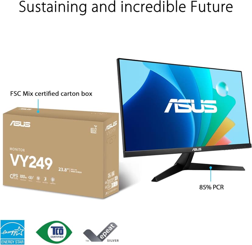 ASUS 24” (23.8-inch viewable) Eye Care Monitor (VY249HF) - Full HD, IPS, 100Hz, IPS, SmoothMotion, 1ms, Adaptive Sync, Blue Light Filter, Flicker Free, HDMI, VESA Mountable, 3 Year Warranty