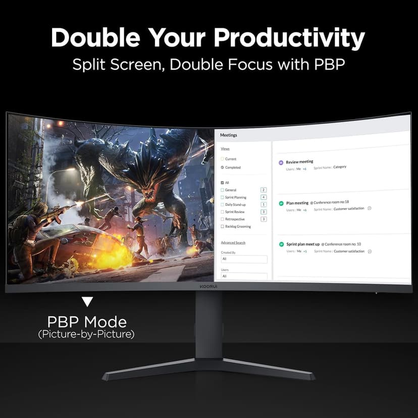 KOORUI 34-inch Curved Ultrawide WQHD 3440×1440 Gaming Monitor, 165Hz 1000R- PIP/PBP, 1ms(MPRT), HDR400, DCI-P3 95%, FreeSync Premium, 1 x DP 1.4 & 2 x HDMI 2.0, Tilt Height Swivel Adjustment, 34E6UC