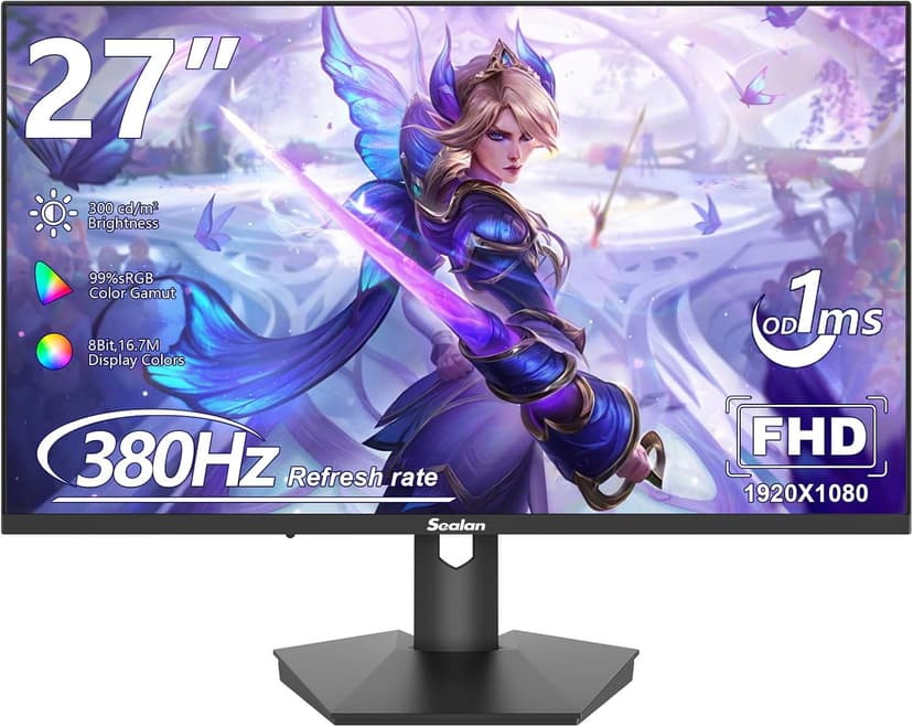 27inch Gaming Monitor - 1ms 380Hz 1080p Flat, HDR10 Height/Tilt/Swivel/Pivot Adjustable RGB Anti-Glare Display, HDMI/DP, FreeSync, G-Sync, 300 cd/m² Bright LEDs