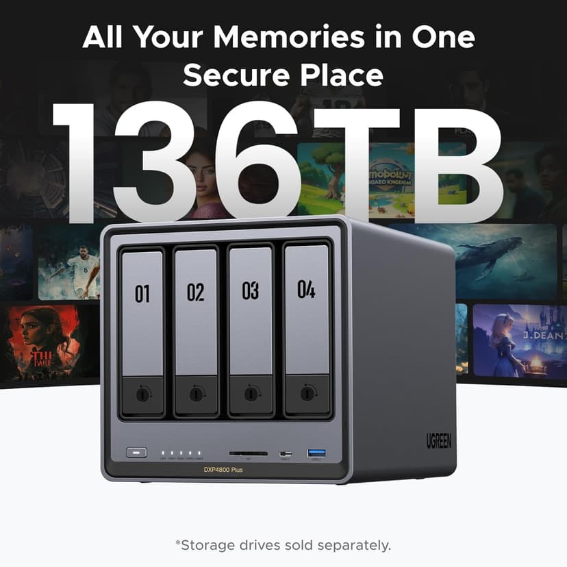 UGREEN NASync DXP4800 Plus 4-Bay Desktop NAS, Intel Pentium Gold 8505 5-Core CPU, 8GB DDR5 RAM, 128G SSD, 1 * 10GbE, 1 * 2.5GbE, 2 * M.2 NVMe Slots, 4K HDMI, Network Attached Storage (Diskless)