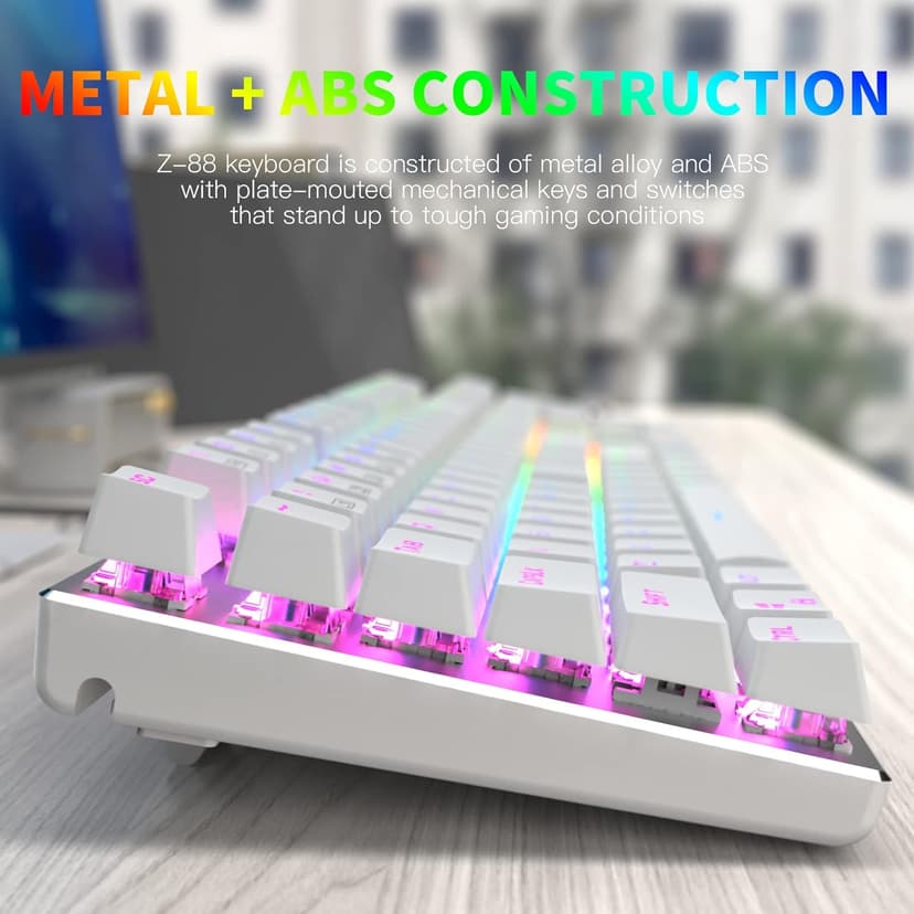 HUO JI E-Yooso Z-88 RGB Mechanical Gaming Keyboard USB Wired, Customizable RGB Backlit, Blue Switches - Clicky, Metal Panel, 104 Keys for Mac, PC, Silver+White