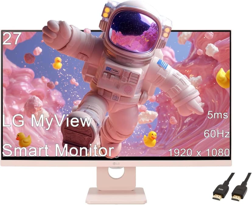 LG 27 MyView Smart Monitor, FHD IPS, 5ms, 60hz, WebOS 23, Built-in Speakers, ThinQ Home Dashboard, AirPlay 2, Screen Share, Bluetooth, HDR10, Flicker Safe, Reader Mode, Pink, with 5ave HDMI
