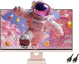 LG 27 MyView Smart Monitor, FHD IPS, 5ms, 60hz, WebOS 23, Built-in Speakers, ThinQ Home Dashboard, AirPlay 2, Screen Share, Bluetooth, HDR10, Flicker Safe, Reader Mode, Pink, with 5ave HDMI