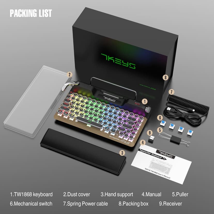7KEYS Retro Typewriter Mechanical Gaming Keyboard, Vintage Style Computer Keyboard with Round Keycaps, Wireless Bluetooth5.0 and Wired/2.4G, True RGB Backlight, Compatible with PC/Laptop/Tablet/Phone