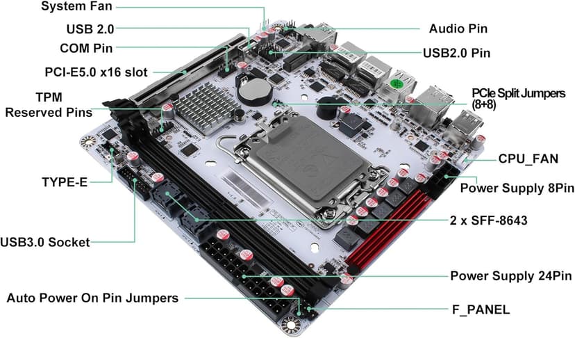 StoneStorm Q670 8-Bay NAS Mini ITX Motherboard(LGA1700, 12th/13th/14th Gen. Desktop Processor), 2*U-DIMM DDR5 MAX 64G, 3*M.2 NVMe, 8*SATA, i226-LM 2.5G vPro, 3*USB3.2, 1*Type-C 20Gbps, Dual 4K Display
