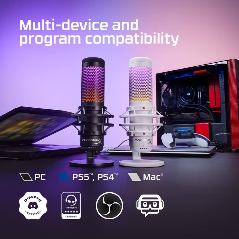 HyperX QuadCast S – RGB USB Condenser Microphone for PC, PS5, Mac, Anti-Vibration Shock Mount, 4 Polar Patterns, Pop Filter, Gain Control, Gaming, Streaming, Podcasts, Twitch, YouTube, Discord – White