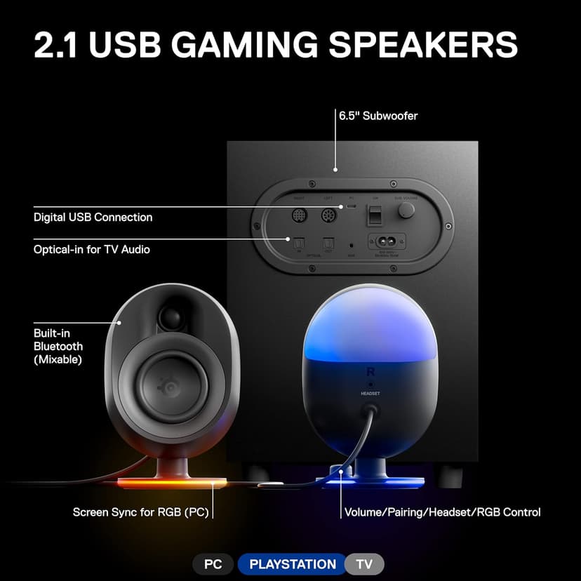 SteelSeries Arena 7 RGB Illuminated 2.1 Gaming Speakers with Powerful Bass, Subwoofer, and Bluetooth - Compatible with PC, PlayStation, Mobile - Black (Renewed)