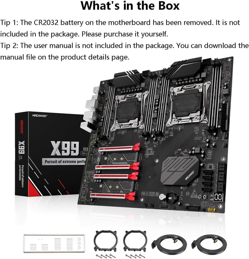 MACHINIST X99 Dual CPU Motherboard, Intel (5th/6th Gen) LGA 2011-V3 Computer Server Motherboards (E-ATX, PCIe 3.0, DDR4, Dual LAN, M.2, SATA 6Gb/s) for Intel Core i7, XEON E5 V3/V4 Series X99-D8 (Red)