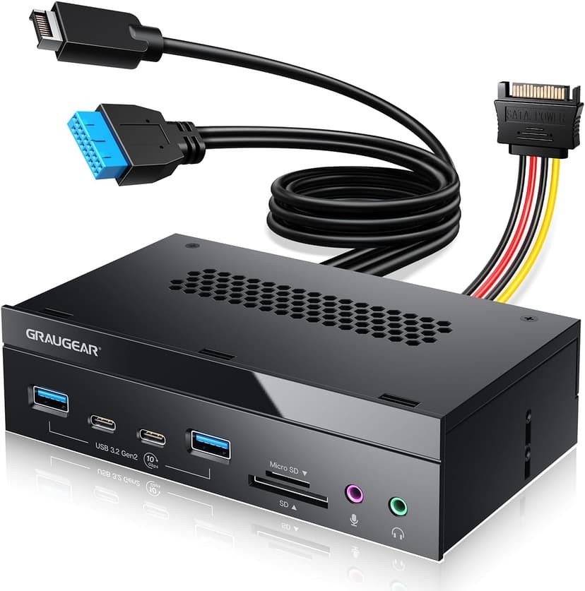 GRAUGEAR 5.25 Inch 10Gbps USB 3.2 PC Front Panel Card Reader with Audio Ports, SD/microSD Internal Card Reader, USB3.2 Type-E Key-A 20-Pin Header & USB3.0 Header & 15-Pin SATA Power Connector Required