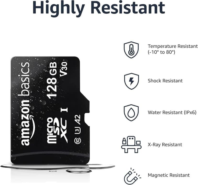 Amazon Basics Micro SDXC Memory Card with Full Size Adapter, A2, U3, Read Speed up to 100 MB/s, 128 GB, Black