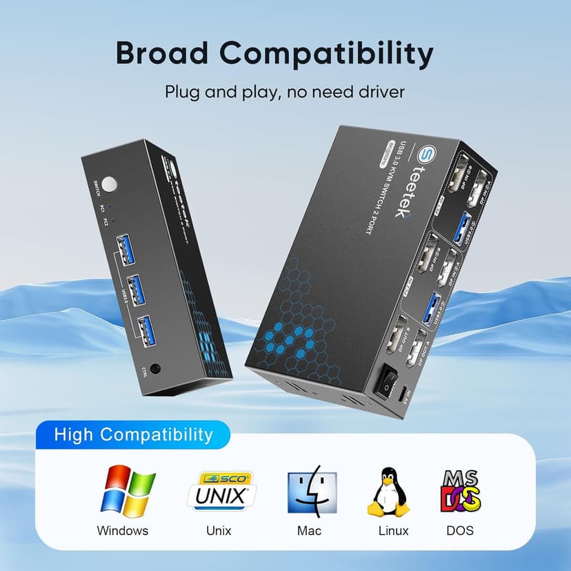 8K@60Hz KVM Switch 2 Monitors 2 Computers DisplayPort, USB3.0 KVM Switches, 4K@120Hz Dual Monitor for 1 Set of Keyboard Mouse Printer and U Disk with EDID Adaptive 2 USB Cables