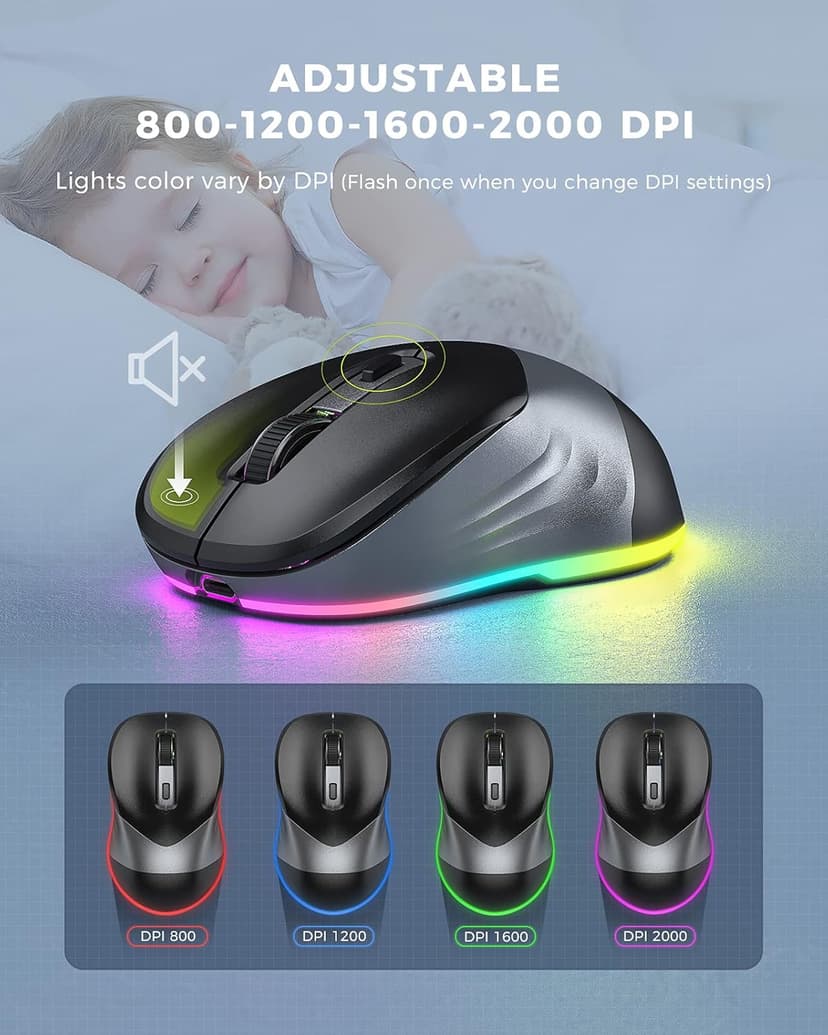 PEIOUS Wireless Mouse, Jiggler Mouse for Laptop - LED Mouse Rechargeable Computer Mice Mouse Mover Undetectable Random Movement with On/Off Button Keeps Computer Awake - Black&Grey
