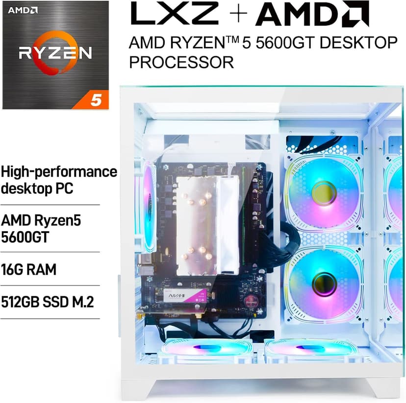 LXZ Desktop PC Computer Ryzen 5-5600GT 8 core 3.6GHz, 16G DDR4 RAM, 512G NVME SSD, Tower Computer with 400W Power Supply for Working, Home and Office (White)