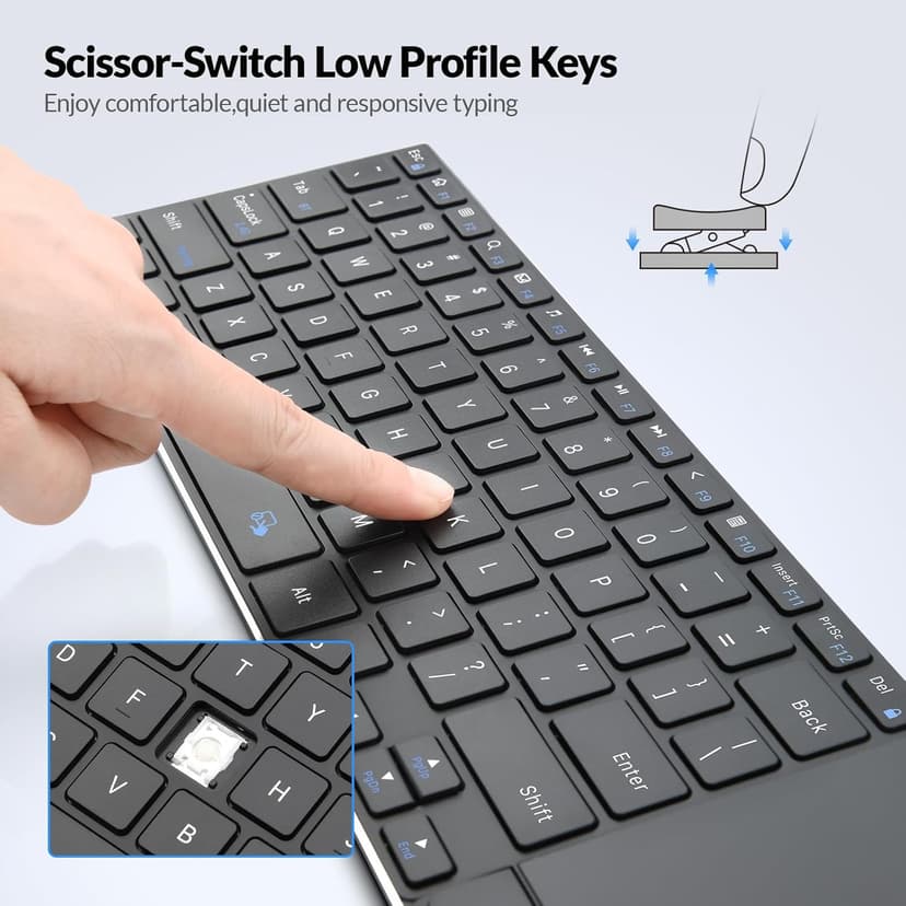 Rii Wireless Bluetooth Keyboard,Multi Device Rechargeable Stainless Steel Ultra Slim Keyboard with Multi-Touch Touchpad,Compatible with PC, Mac, Laptop(2.4G+BT New)