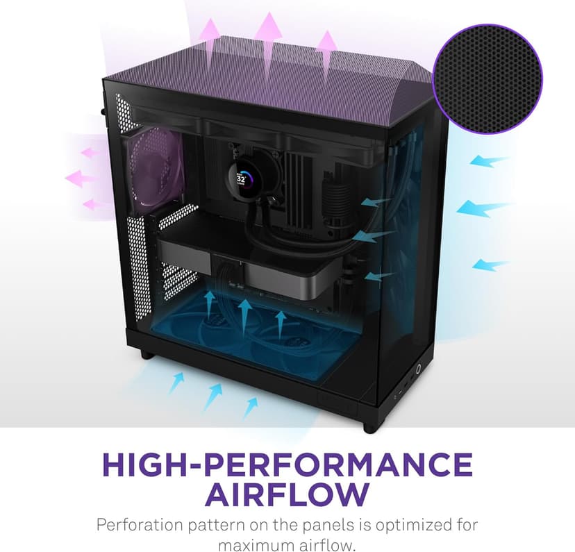 NZXT H6 Flow | CC-H61FB-01 | Compact Dual-Chamber Mid-Tower Airflow Case | Panoramic Glass Panels | High-Performance Airflow Panels | Includes 3 x 120mm Fans | Cable Management | Black