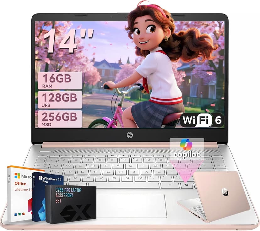 HP 14-inch Student Business Laptop – Intel N150 | Lightweight, AI Copilot Key for Study & Daily Use | 16GB RAM | 128GB UFS + 256GB MSD | w/Accessory Win 11 Pro + MS Office Lifetime | Pale Rose Gold