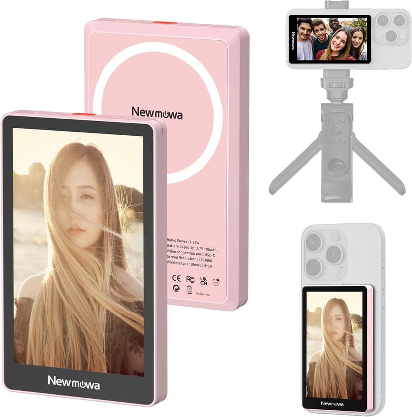 Newmowa Pink Magnetic Phone Vlog Selfie Monitor Screen, 1080P Wireless Recording, Using Phone Rear Camera for Selfie Vlog Live Stream TikTok, Compatible with iPhone(Support 4K 30fps Wired Recording)